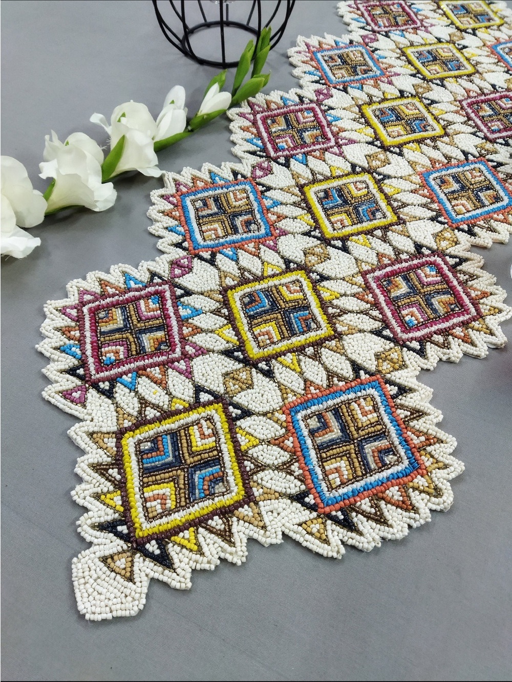 World Market Hand Beaded Geometric Table Runner Multicolor 13x36 Boho Global NWT - Picture 6 of 11